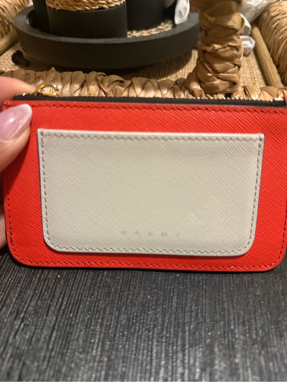 Marni Red and White Leather Card & Key Pouch with Gold Zip